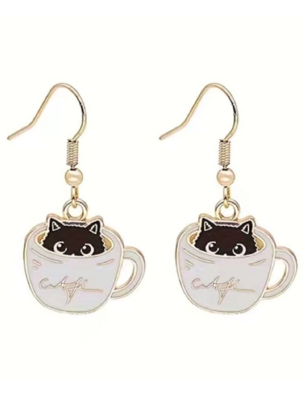 White Enamel Coffee Cup Earrings with Peeping Black Cat
